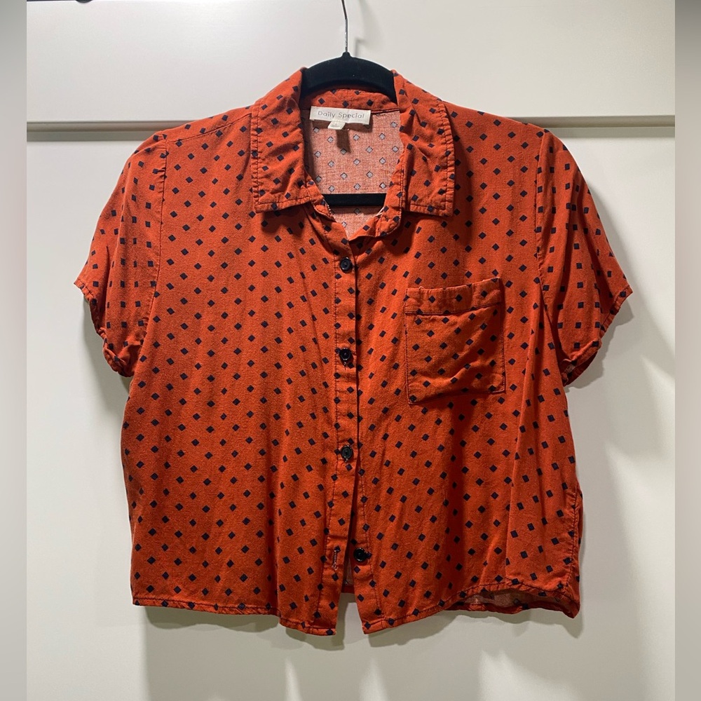 Rust Button Down Shirt with navy squares. Boxy, slightly cropped